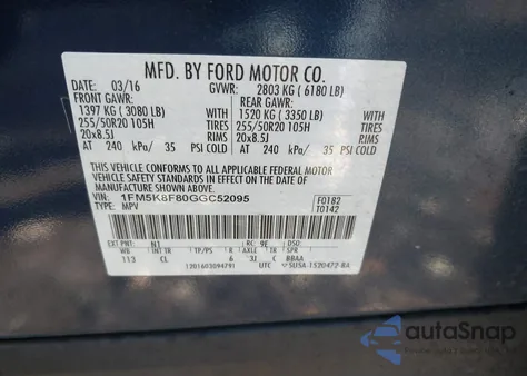 2016 Ford Explorer Limited z USA, uszkodzony, nr VIN 1FM5K8F80GGC52095